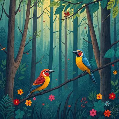 The primary subject of the image is a pair of colorful birds perched on a tree branch. The setting is a forest with trees and flowers surrounding the birds. The visual style is an illustration, depicting the birds in a vibrant and lively manner. The colors and mood of the image are bright and cheerful, with the birds' vivid colors contrasting against the natural backdrop of the forest.